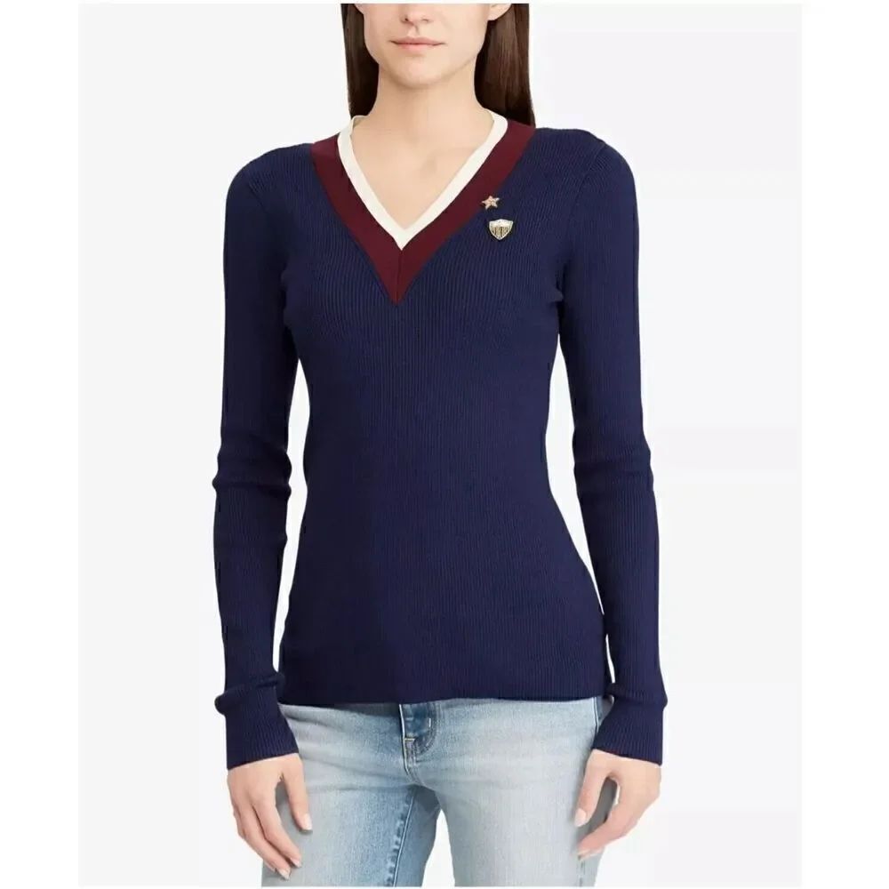 Lauren Ralph Lauren Women’s Navy Ribbed V-neck Embellished Collegiate Tennis Swe